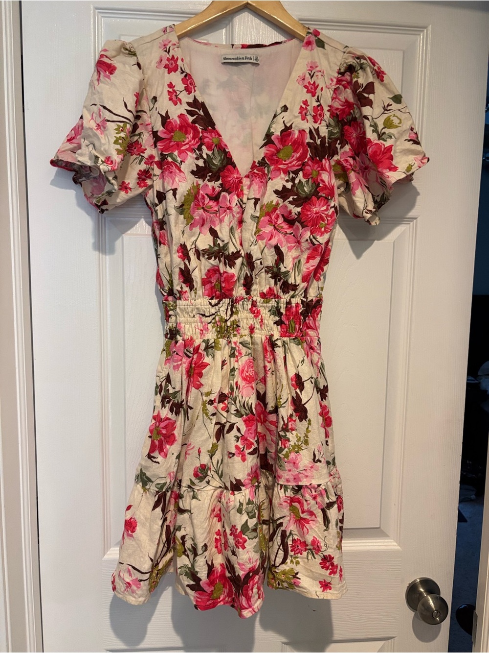 Floral V-Neck Short Sleeve linen Dress - Pink Floral